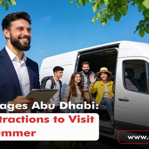 Tour Packages Abu Dhabi featuring travellers boarding a tour vehicle for indoor summer attractions