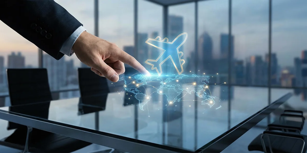 Business travel concept showing a businessperson pointing at a digital airplane icon above a world map in a modern office.
