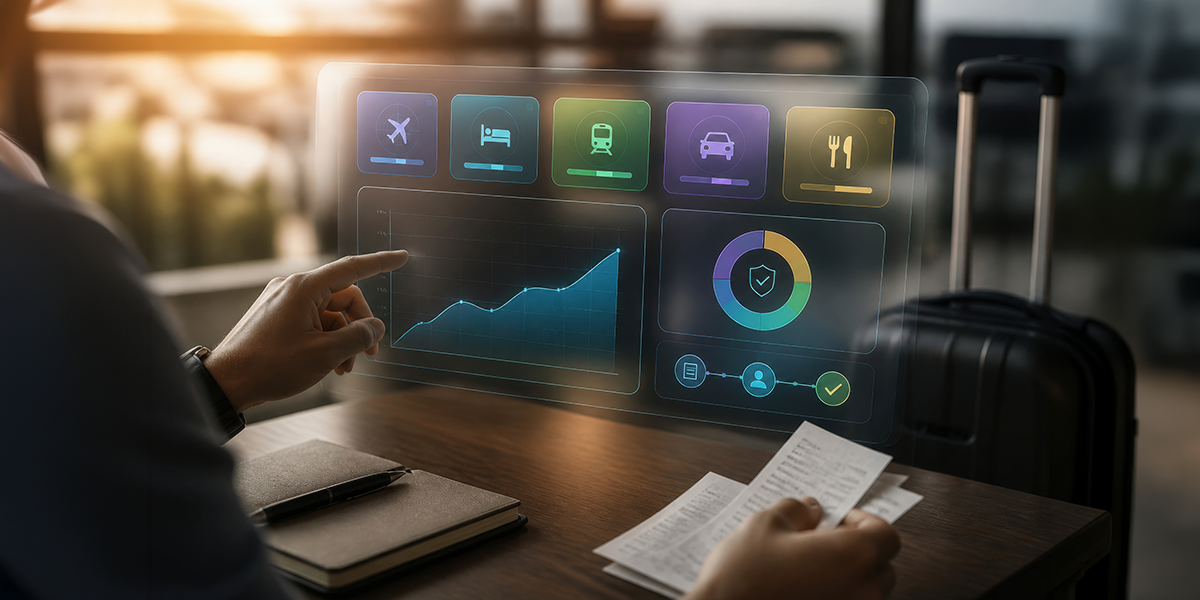 Business travel dashboard showing transportation expenses, travel data, and performance analytics.