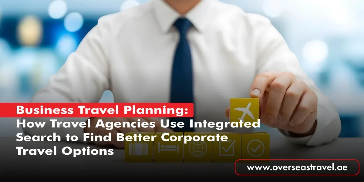Business travel planning concept showing a corporate traveler arranging flights, hotels, and other travel services for better business trip options.