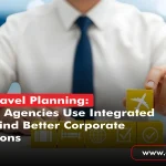 Business travel planning concept showing a corporate traveler arranging flights, hotels, and other travel services for better business trip options.