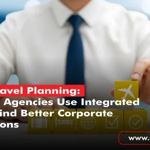 Business travel planning concept showing a corporate traveler arranging flights, hotels, and other travel services for better business trip options.