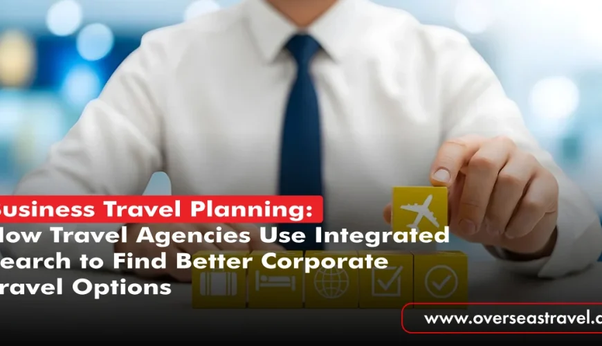 Business travel planning concept showing a corporate traveler arranging flights, hotels, and other travel services for better business trip options.