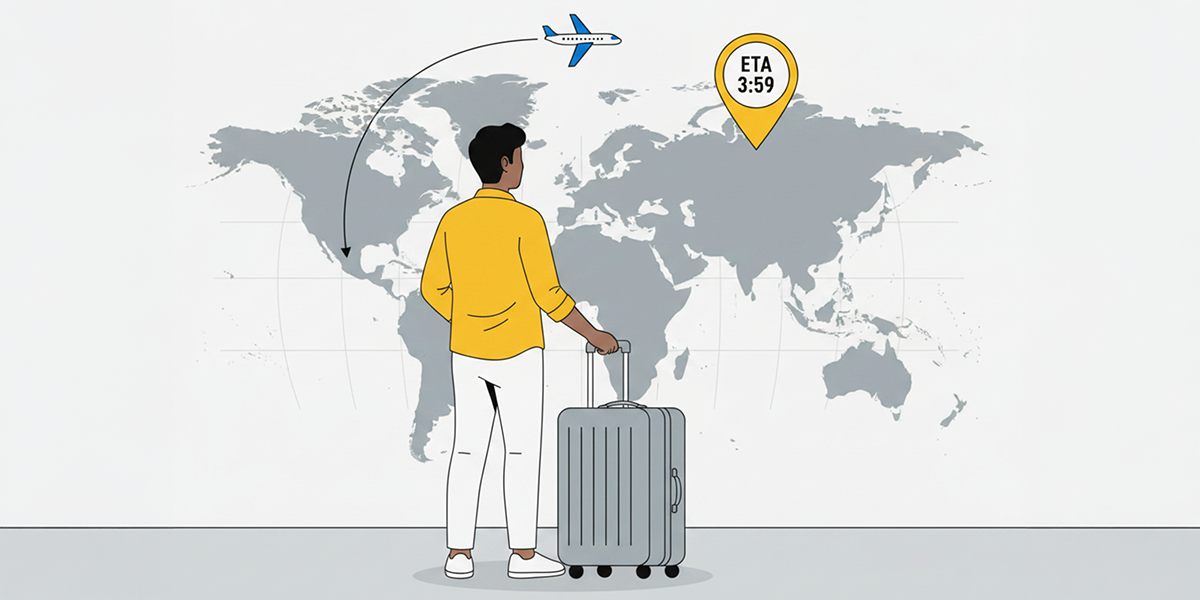 A man with a travel bag standing in front of a world map, representing international travel assistance.