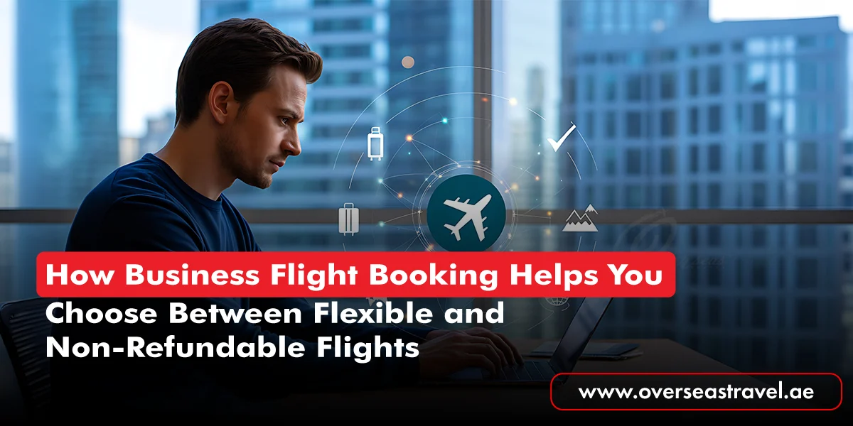 Business flight booking concept featuring a professional reviewing flight options on a laptop with digital travel icons in a modern office setting.