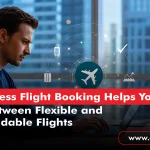 Business flight booking concept featuring a professional reviewing flight options on a laptop with digital travel icons in a modern office setting.
