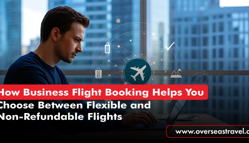 Business flight booking concept featuring a professional reviewing flight options on a laptop with digital travel icons in a modern office setting.