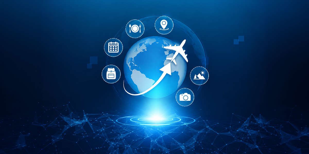 Global travel planning with a digital globe, airplane, and icons representing flight bookings, accommodation, dining, and travel destinations.