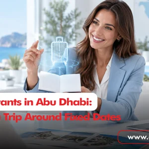 Travel Consultants in Abu Dhabi helping a client plan a trip with travel brochures and digital travel tools.